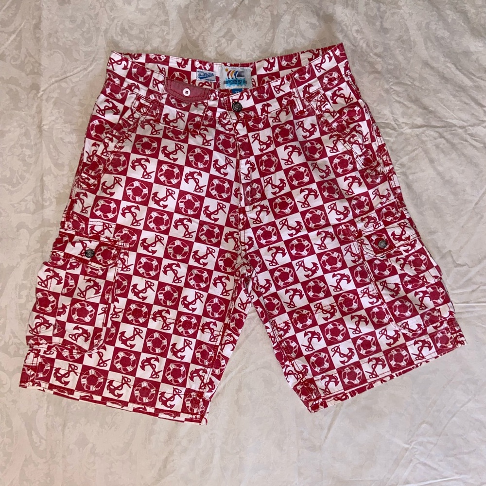 BORN FLY ANYTOWN USA NAUTICAL ANCHOR MENS 32 CARGO SHORTS CANVAS RED